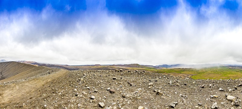 冰岛Hverfjall火山口夏季白天的彩色Hverir地热地区全景图