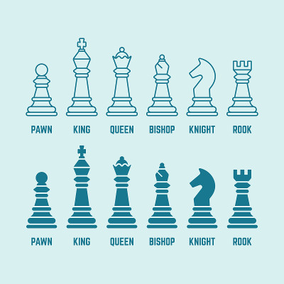 棋子与命名的向量轮廓和剪影图标(国王，王后，主教，车，骑士，卒)