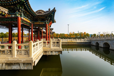 秋天，公园里有中国古建筑的阁楼和银杏树