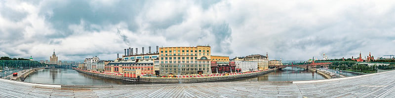 莫斯科中心的宽阔全景，俄罗斯，国家电站1号，莫斯科河，浮桥