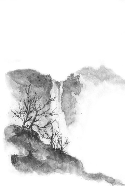 用墨水画的瀑布。山水一山一水由墨。中国的水墨画。在原板上作画