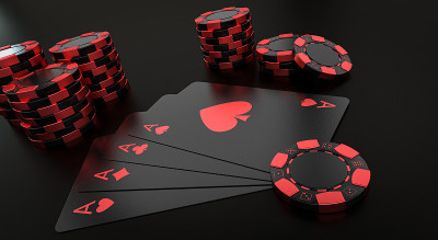 现代黑色和红色筹码和扑克牌- 3D插图