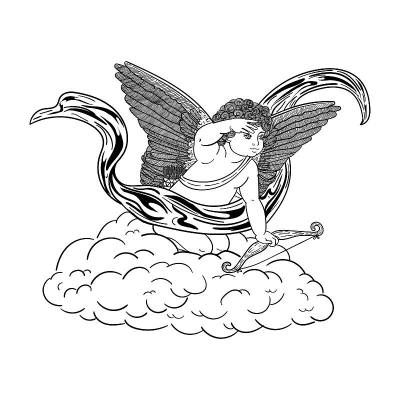 安乐上有一朵云朵，上面有弓和箭，轮廓画的黑色孤立在白色的背景上