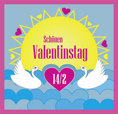 天鹅游来游去的矢量图，德文(德语)意思是美丽的情人节:Schönen Valentinstag。