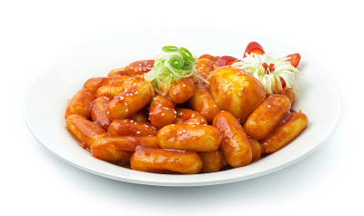 麻辣蛋糕配白芝麻、小葱、漏日本排。韩国食物