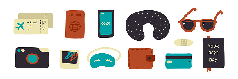 Hand drawn Travel illustration: air tickets, passp