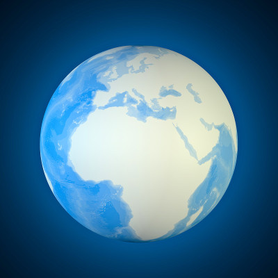 地中海、欧洲、非洲和中东的地球地图。测深学，指海洋的水下深度
