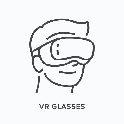 Vr眼镜平线图标。人在虚拟现实眼镜的矢量轮廓插图。游戏薄线性标志