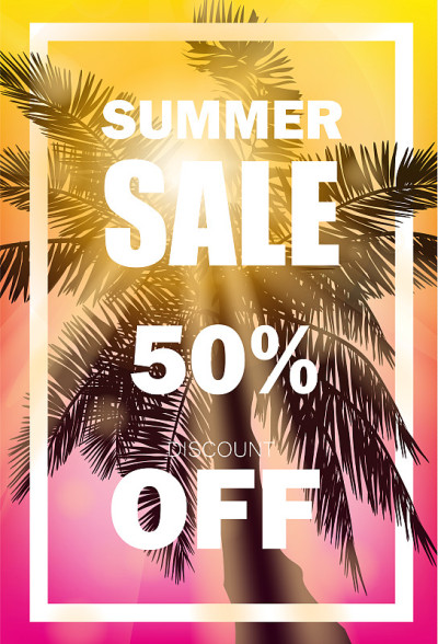 夏季销售30% 50% 70%的折扣传单设计与现实的阳光照耀黑棕。夏季风格可用于广告传单，横幅，卡片