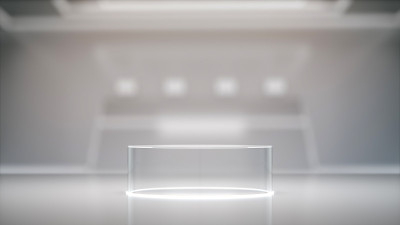 玻璃底座展示，空白产品架与模糊的实验室内部，未来的背景。3 d渲染。