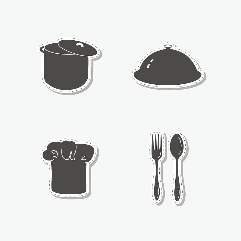 Set of hand drawn stickers with chef hat, stock po