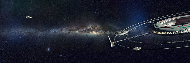 巨大的空间站，外太空未来主义的栖息地，被一艘宇宙飞船接近