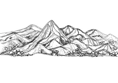 手绘山水画景观。矢量图