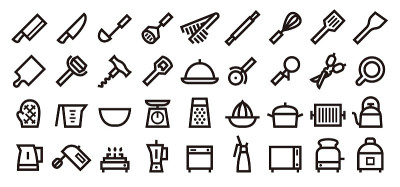 厨房用具和工具图标集(粗体轮廓版本)