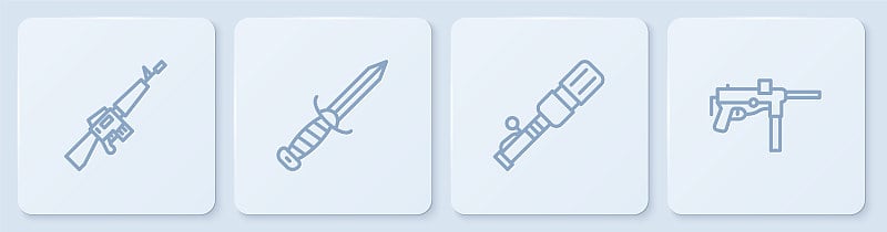 M16A1步枪，反坦克手榴弹，军用刀和冲锋枪M3。白色正方形按钮。向量