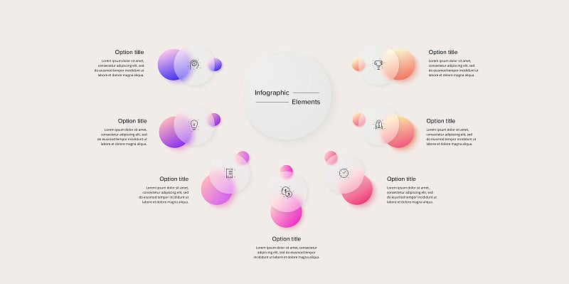 具有7个步骤的业务流程图信息图。圆形的公司工作流图形元素。公司流程图幻灯片。玻璃形态设计中的矢量信息