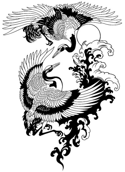 两只鹤鸟与水波。黑色和白色