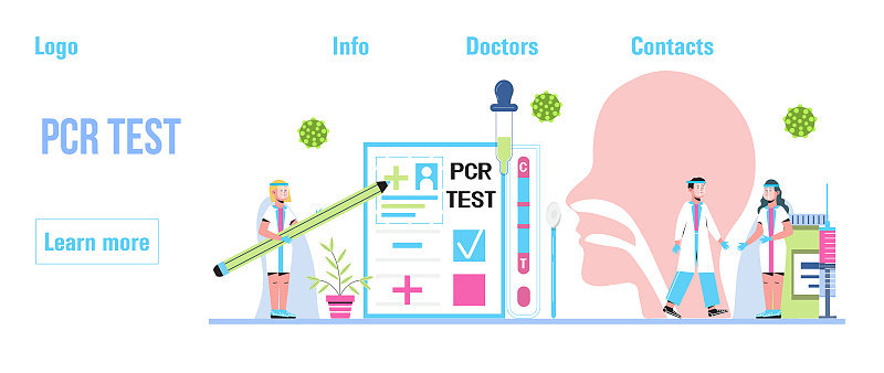 对游客进行PCR检测。健康护照概念矢量网络，博客。疫苗，免疫护照应用，行李，证书，机票。2019冠状