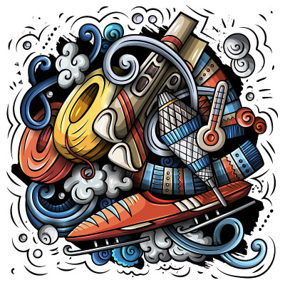 卡通矢量涂鸦冬季运动插图。