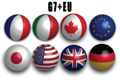 七国集团(G7)包括7个国家。主要发达国家七国+欧盟会议(白色)