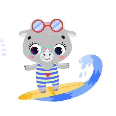 平面矢量涂鸦可爱的卡通夏日冲浪犀牛。海滩上的热带动物