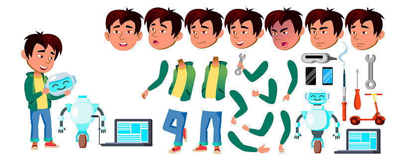 亚洲男孩学校男孩孩子向量。小学的孩子。建立机器人助手。动画创作集。学童。未来技术的概念。面对情感,手