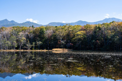 知床五湖(知床五湖)[第五湖]和知床山与秋叶，知床，北海道，日本