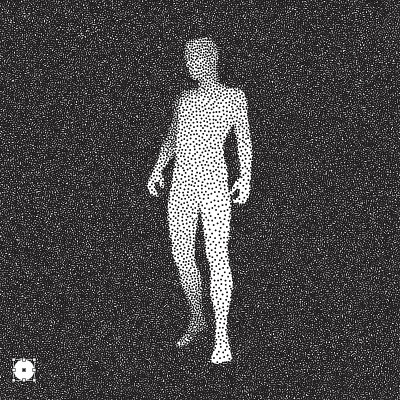 人站起来了。3D模型的人。黑白颗粒点状设计。点画矢量插图。