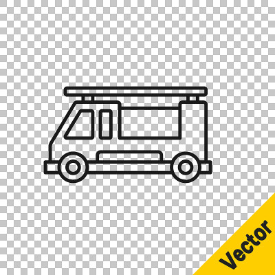 黑色线消防车图标孤立在透明的背景。消防车。消防队员紧急车辆。向量