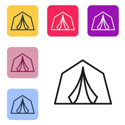 Black line Tourist tent icon isolated on white bac