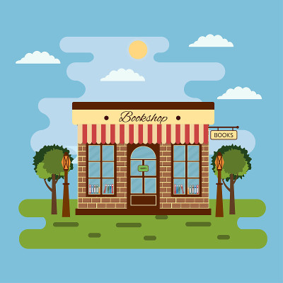 可爱的矢量卡通书店。明亮的建筑插图横幅。