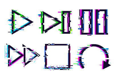 Glitch music icons. Glitched play pause stop icon,