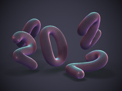 在灰色背景上分散的3D粉色数字。由发光的圆点组成的浮动数字。