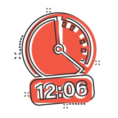 漫画风格的时钟图标。观看卡通矢量插图在白色孤立的背景。定时器喷溅效果的经营理念。