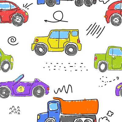 用记号笔画出五颜六色的汽车。有趣的汽车。向量手绘收集装饰儿童的房间与一个可爱的无缝模式儿童的货物，织