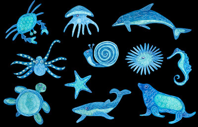 用白色图案装饰的海洋生物水彩画。