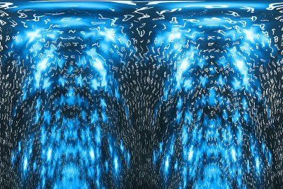 蓝色矩阵数字背景。扭曲的网络空间的概念。人物倒了。来自符号流的矩阵。虚拟现实设计。复杂的算法数据黑客