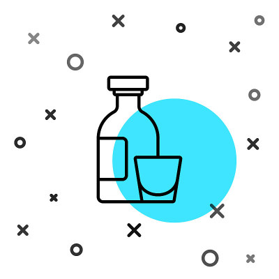 黑线酒精饮料朗姆酒瓶和玻璃图标孤立在白色背景。随机动态形状。向量