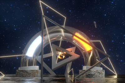 3d渲染，外太空科学机械环。