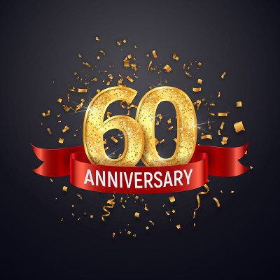 60周年纪念模板在黑暗的背景。60庆祝金色数字与红丝带矢量和纸屑孤立的设计元素。