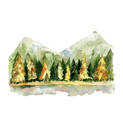 水彩秋景、秋树、山景插图、旅游插图。森林景观。