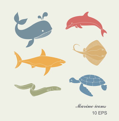 Collection of icons of sea inhabitants in flat sty