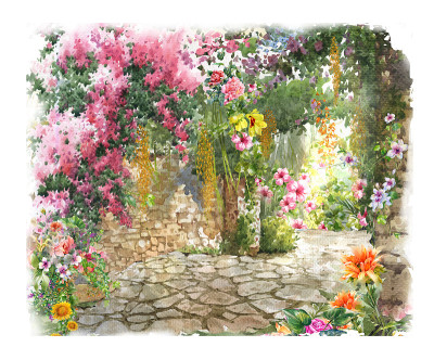抽象彩色花卉水彩画风景。春天与建筑和墙壁