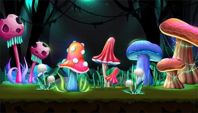 卡通风格的魔法森林与蘑菇在发光的夜晚。