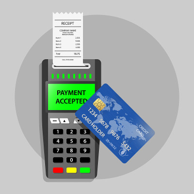 付款终端付款接受Pos付款接受交易收据成功的非接触式支付，nfc，网上银行信用卡