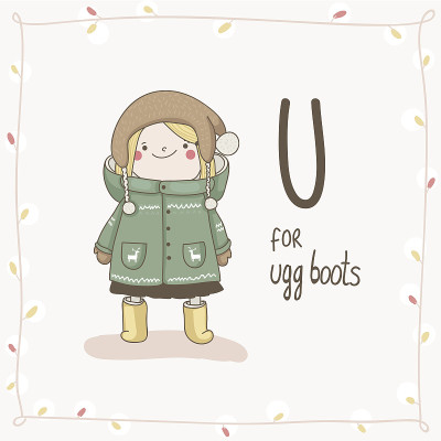 可爱的矢量字母圣诞。字母U -雪地靴