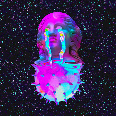 当代最小拼贴艺术。古代雕像，宇宙空间中的男性。八九十年代的派对风格。复古Zine和蒸汽波文化概念