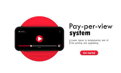 Pay Per View系统插图。展示视频播放器的智能手机。矢量在孤立的白色背景。每股收益10