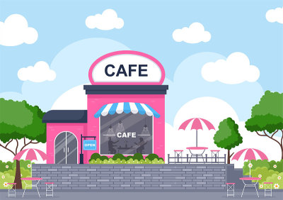 咖啡馆插图与开放的板，树，和建筑商店外观。平面设计概念