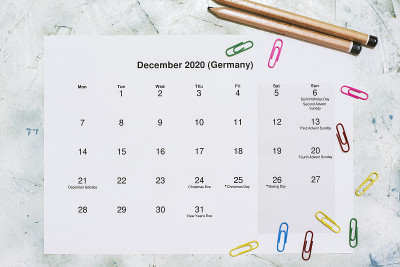 月历2020年12月。翻译:2020年12月月历